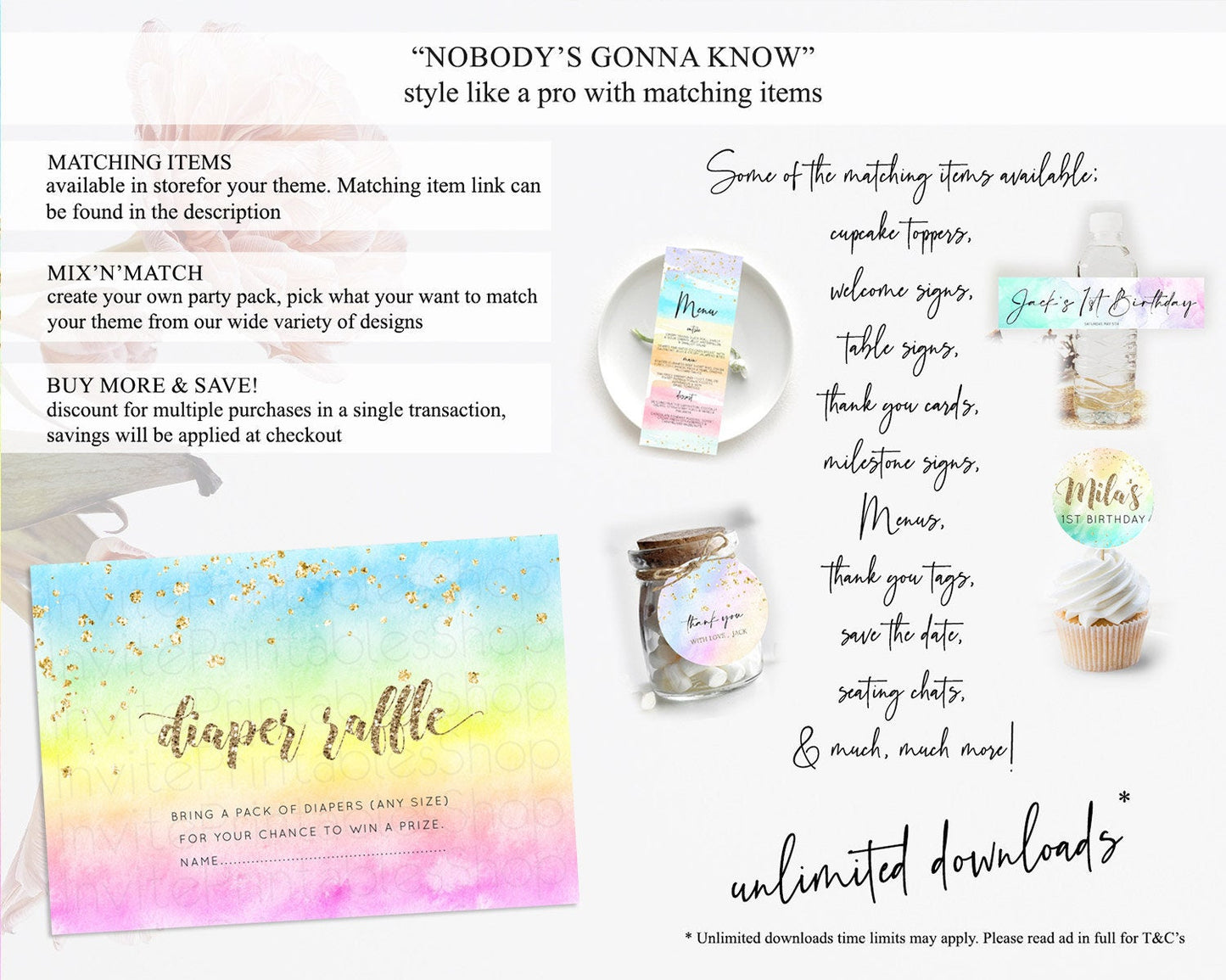 Pastel Diaper Raffle Card Pastel Rainbow Diaper Raffle Insert Colorful Ombre Watercolor Diaper Ticket Confetti Glitter Raffle Game D10479