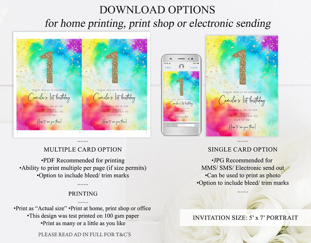 Tie Dye Rainbow Birthday Invitation Colorful Pastel Invitation Ombre Watercolor Invite Splash Gold Glitter Sprinkles Invite