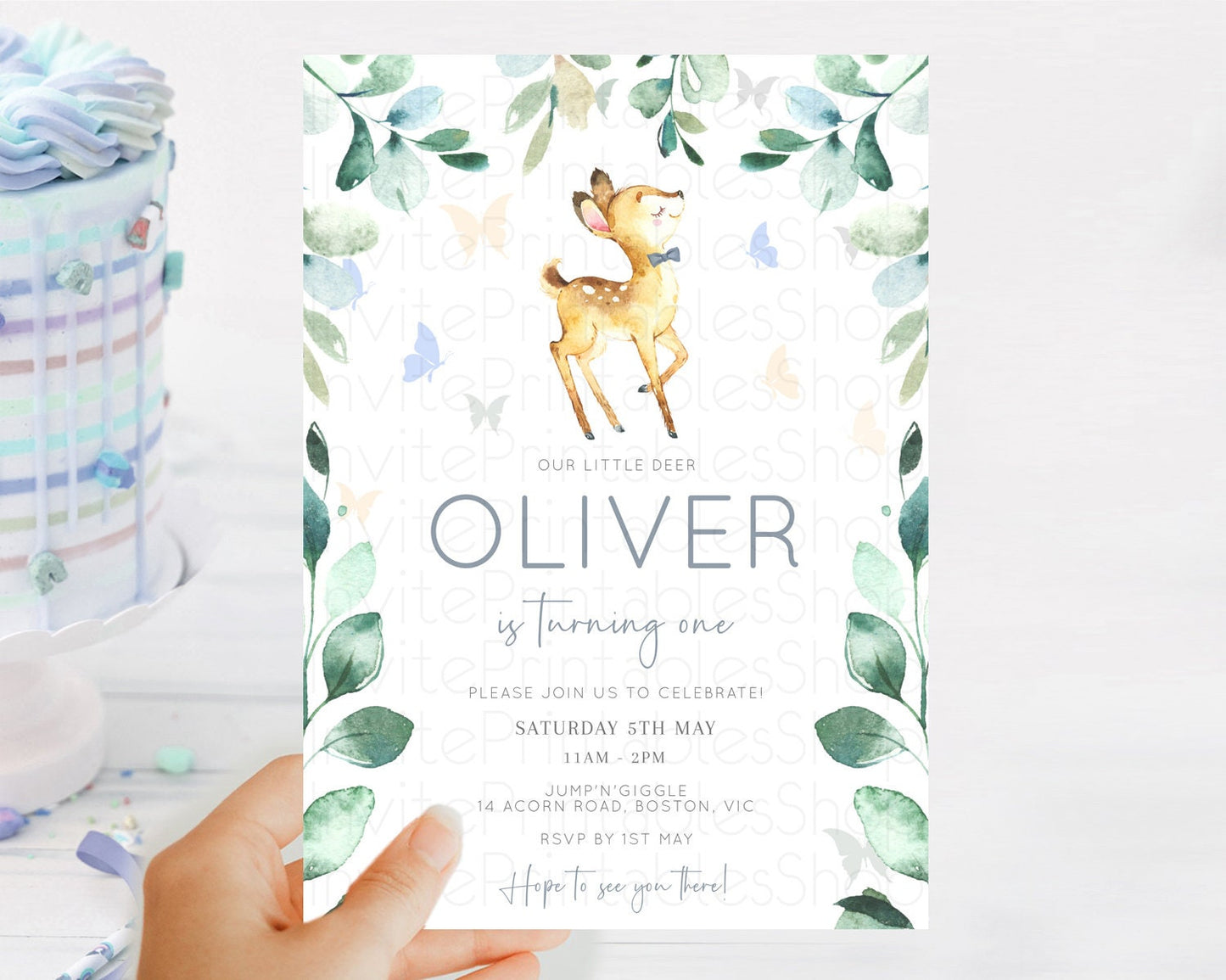 Fawn Birthday Invitation Deer Birthday Invitation Enchanted Forest Party Butterfly Pastel Flowers Whimsical 2nd 1st First Birthday D10767