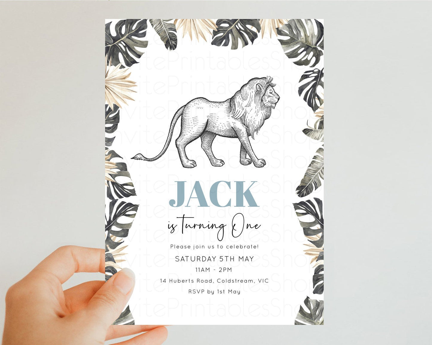 Lion Birthday Invitation Lion Invitation Tropical Palms Invitation Jungle Safari Adventure Zoo Party Wild Party Animal 1st 2nd 3rd p249