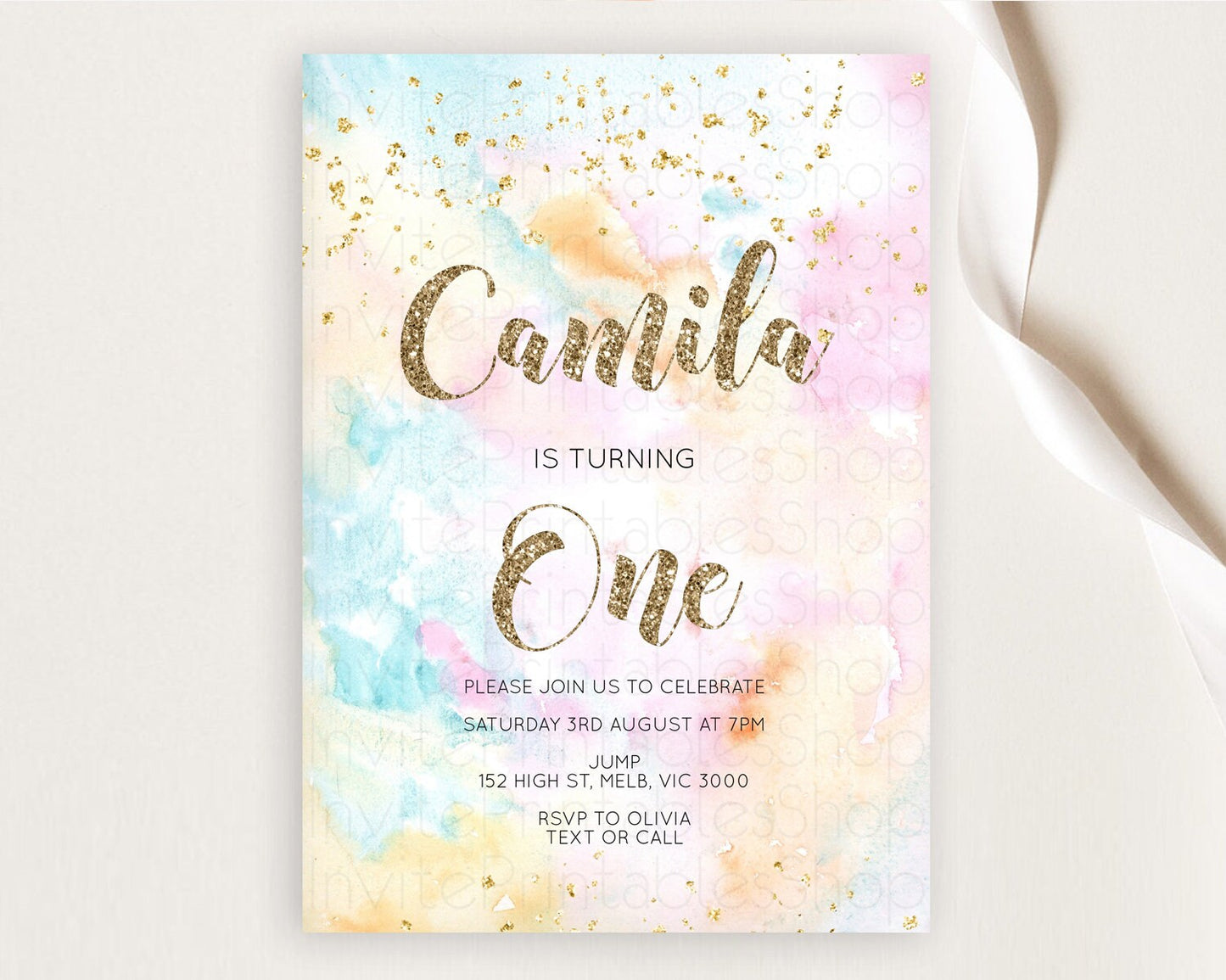 Rainbow Birthday Invitation Colorful Pastel Watercolor Invitation Gold Glitter Sprinkles Ombre Pastel 1st 2nd 3rd Birthday D10548