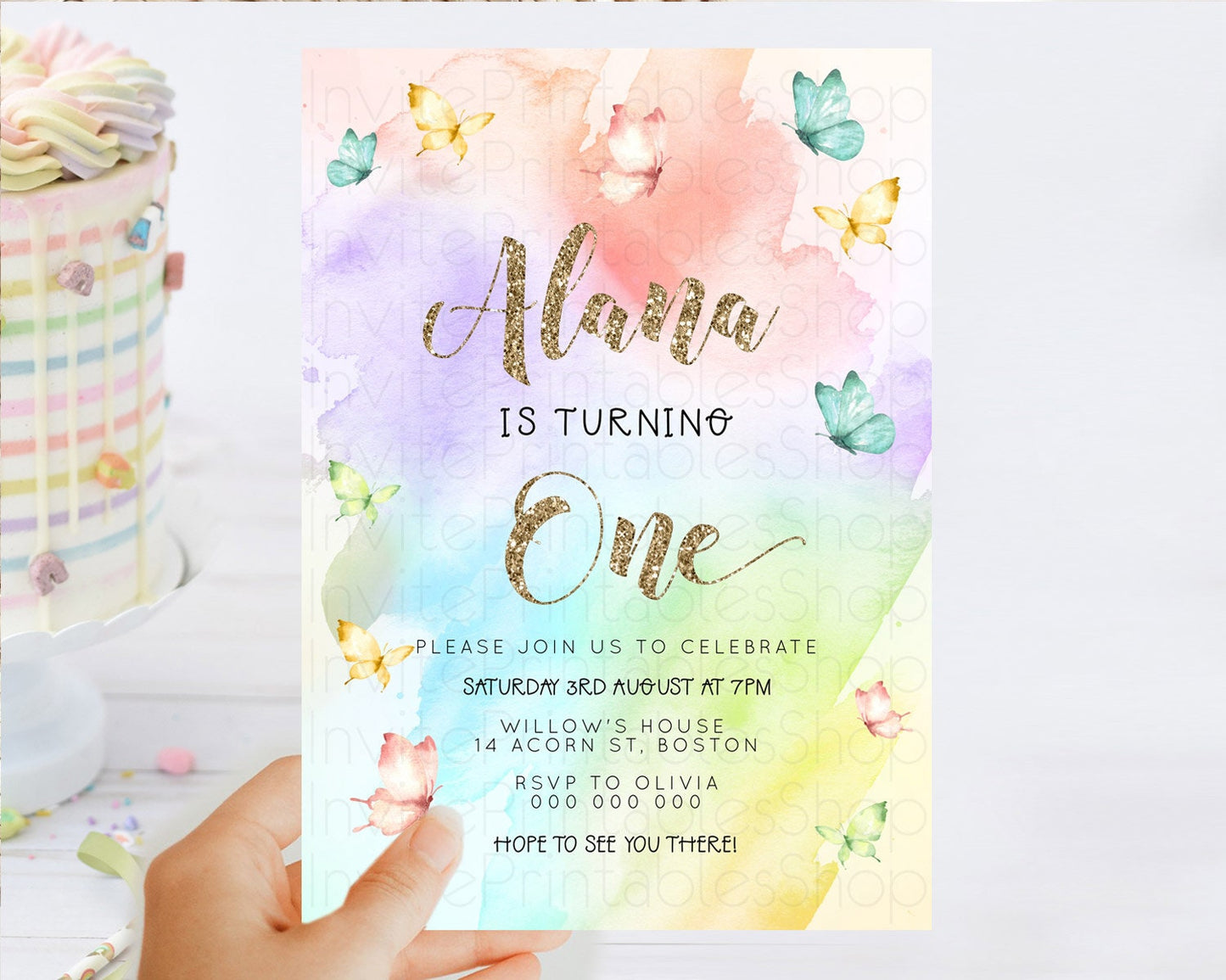 Pastel Butterfly Birthday Invitation Butterfly Birthday Invitation Colorful Splash Glitter Butterfly Garden 1st 2nd Birthday D23255