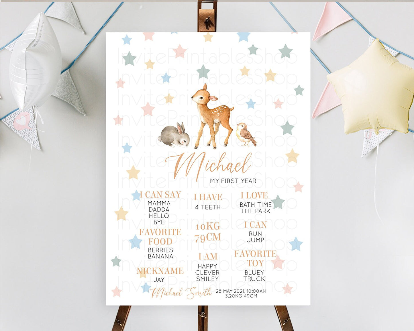 Fawn First Birthday Milestone Board Deer First Birthday Milestone Poster Enchanted Forest Butterfly Pastel Flowers 1st Birthday Sign D10918