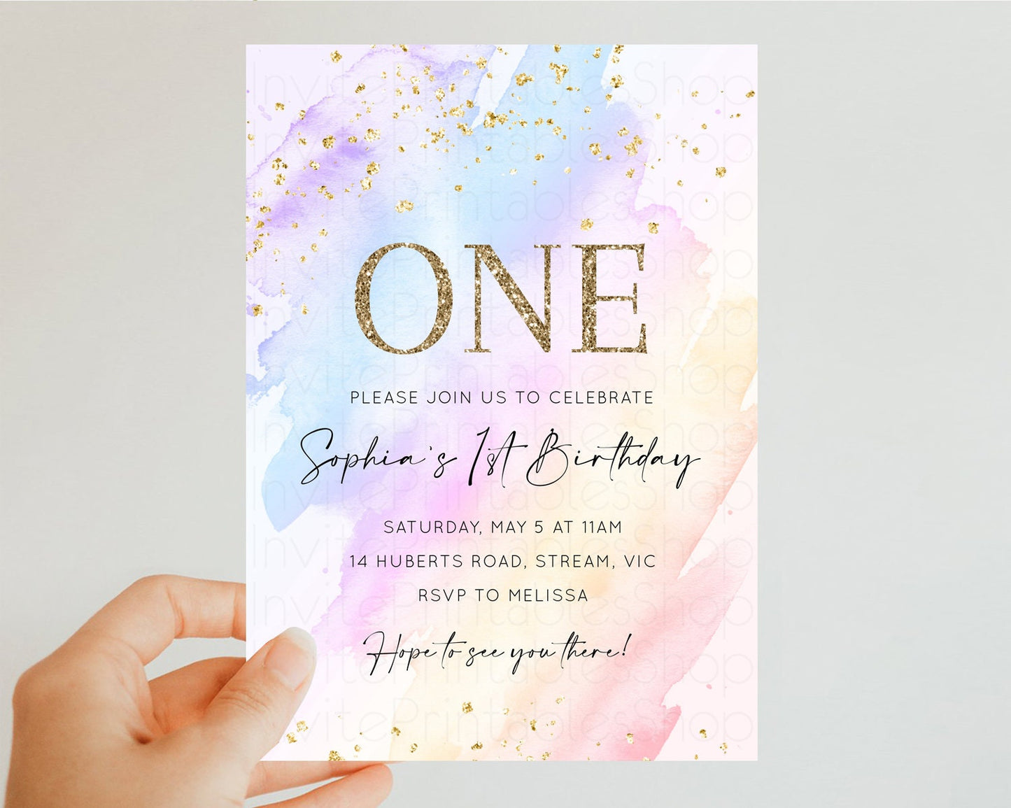 Rainbow Birthday Invitation Glitter Pastel Invitation Colorful Watercolor Gold Foil Splatter Sprinkle Ombre 1st 2nd 3rd Birthday Invite t600