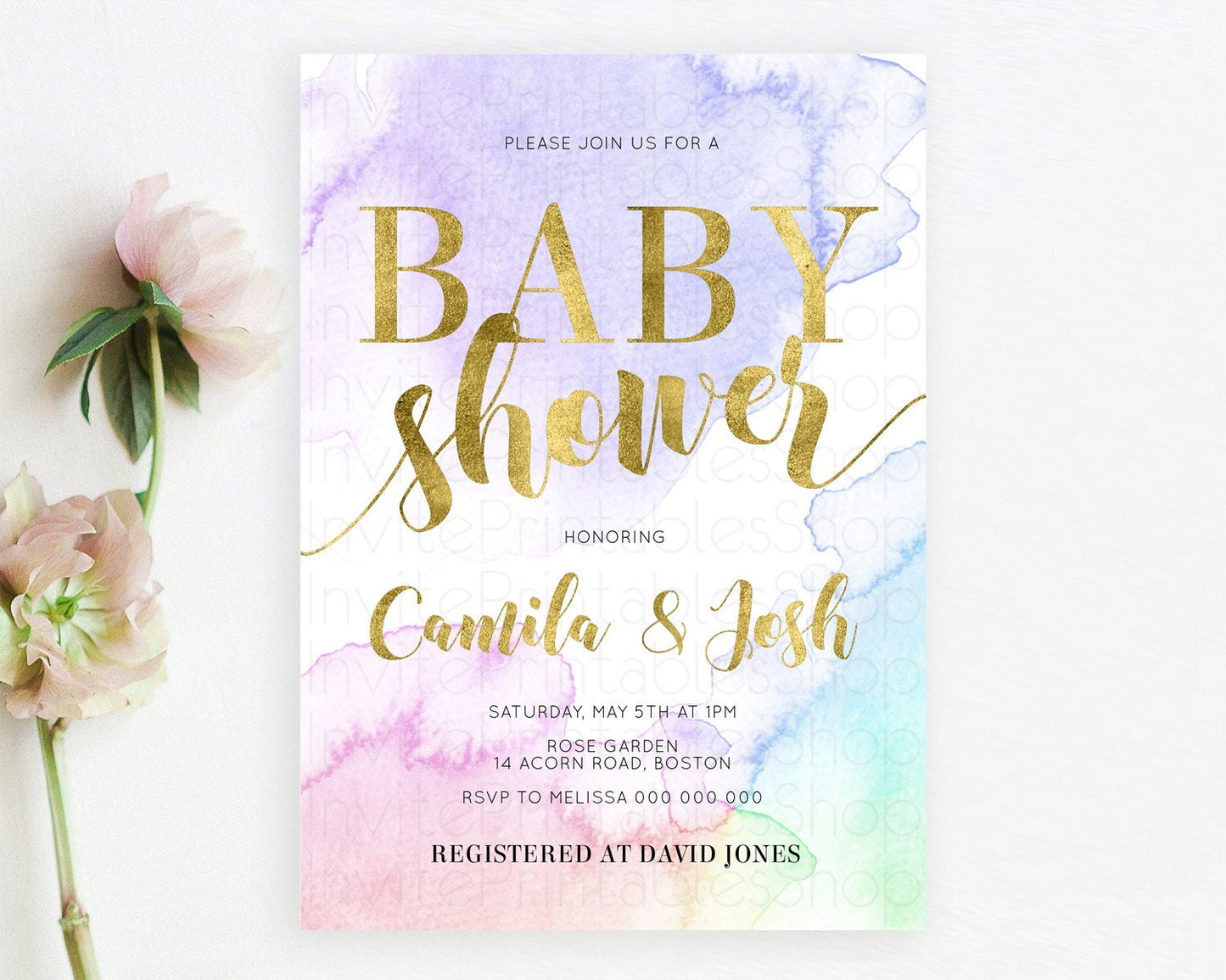 Pastel Baby Shower Invitation Rainbow Baby Shower Invitation Colorful Pastel Watercolor Invitation Gold Glitter Sprinkles Ombre D10216