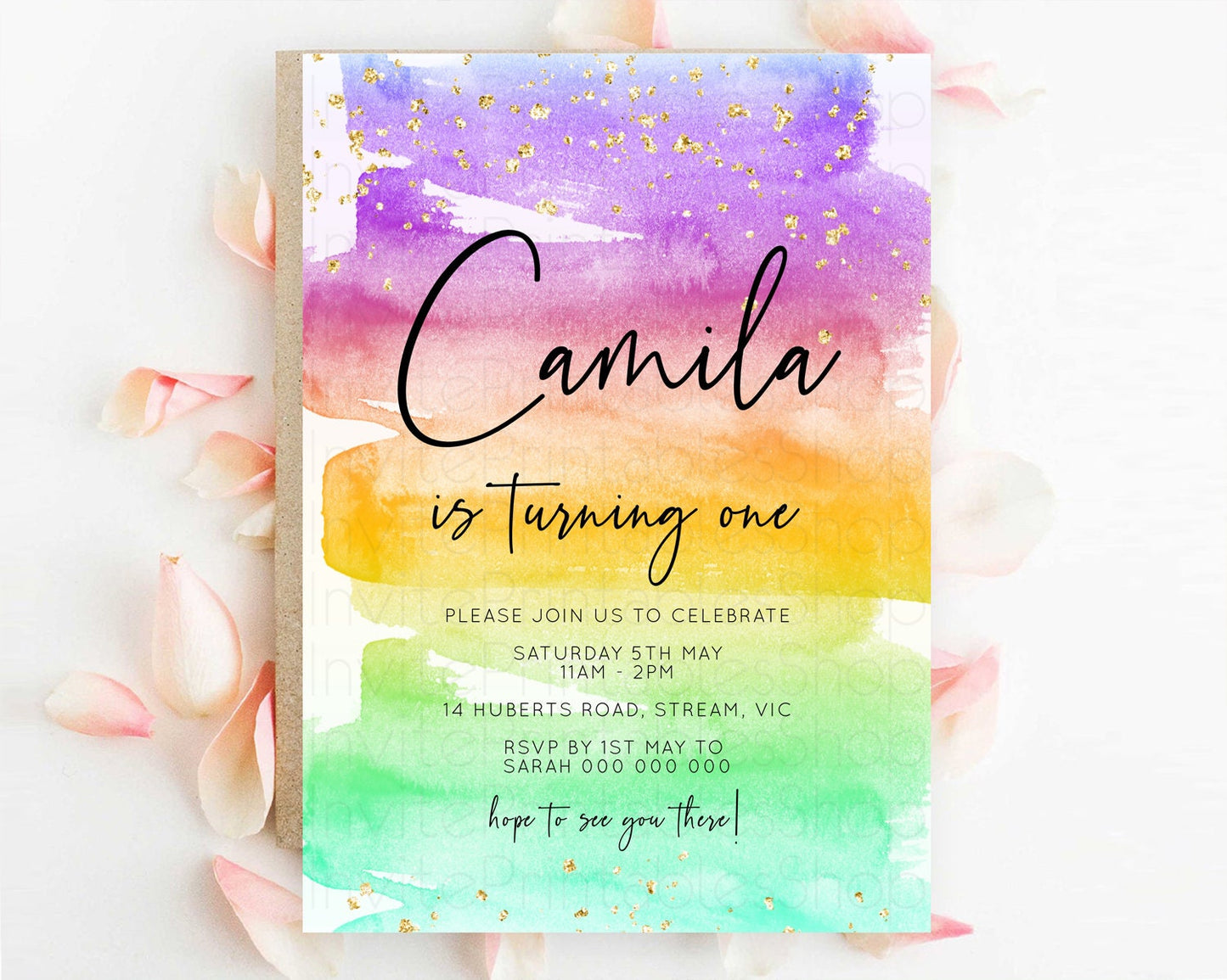 Rainbow Birthday Invitation Colorful Pastel Watercolor Invitation Gold Glitter Sprinkles Ombre Pastel 1st 2nd 3rd Birthday D10524