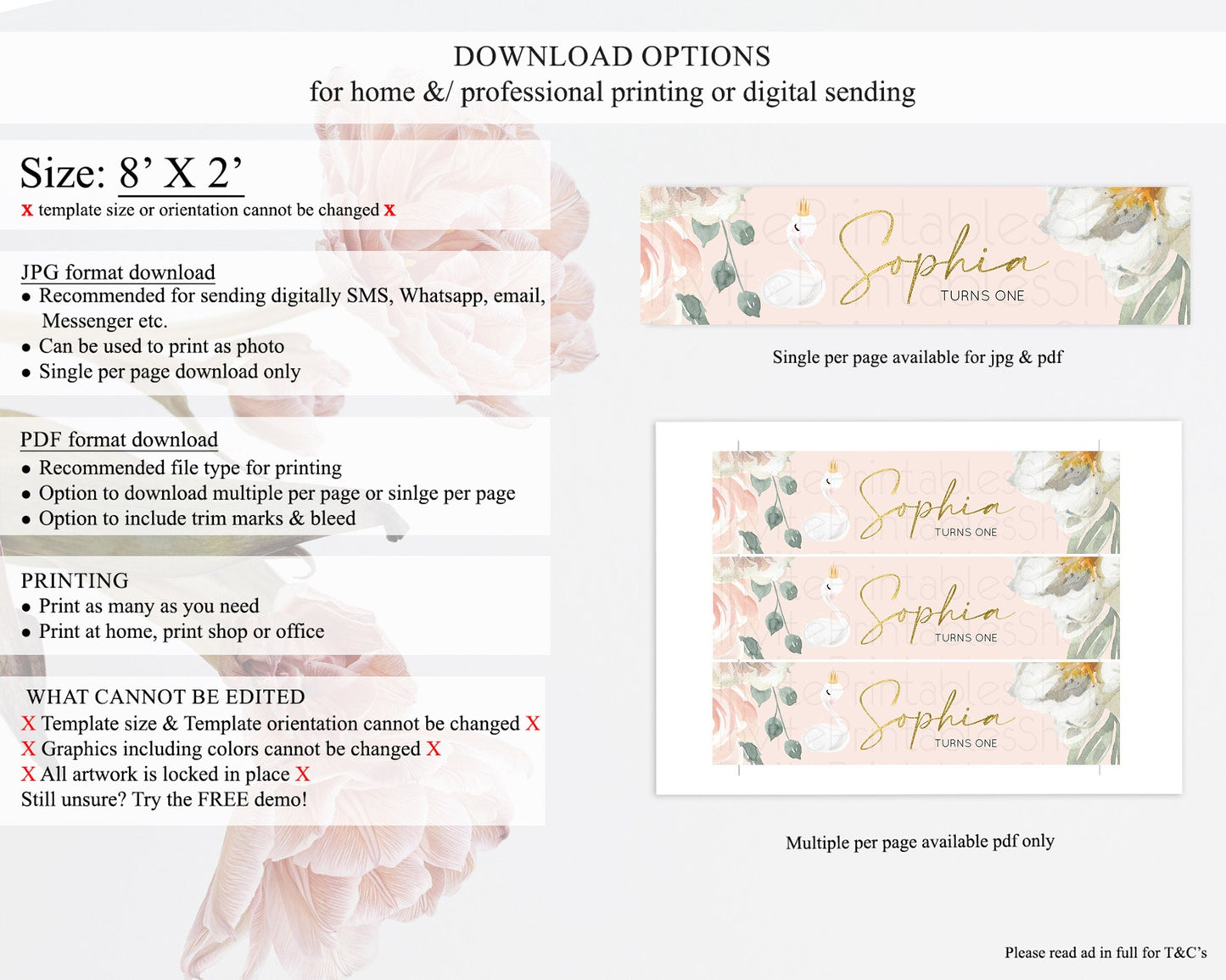 Swan Water Label Template Swan Princess Ballet Party Decor Enchanted Secret Garden Pastel Floral Birthday Baptism Baby Shower D10115