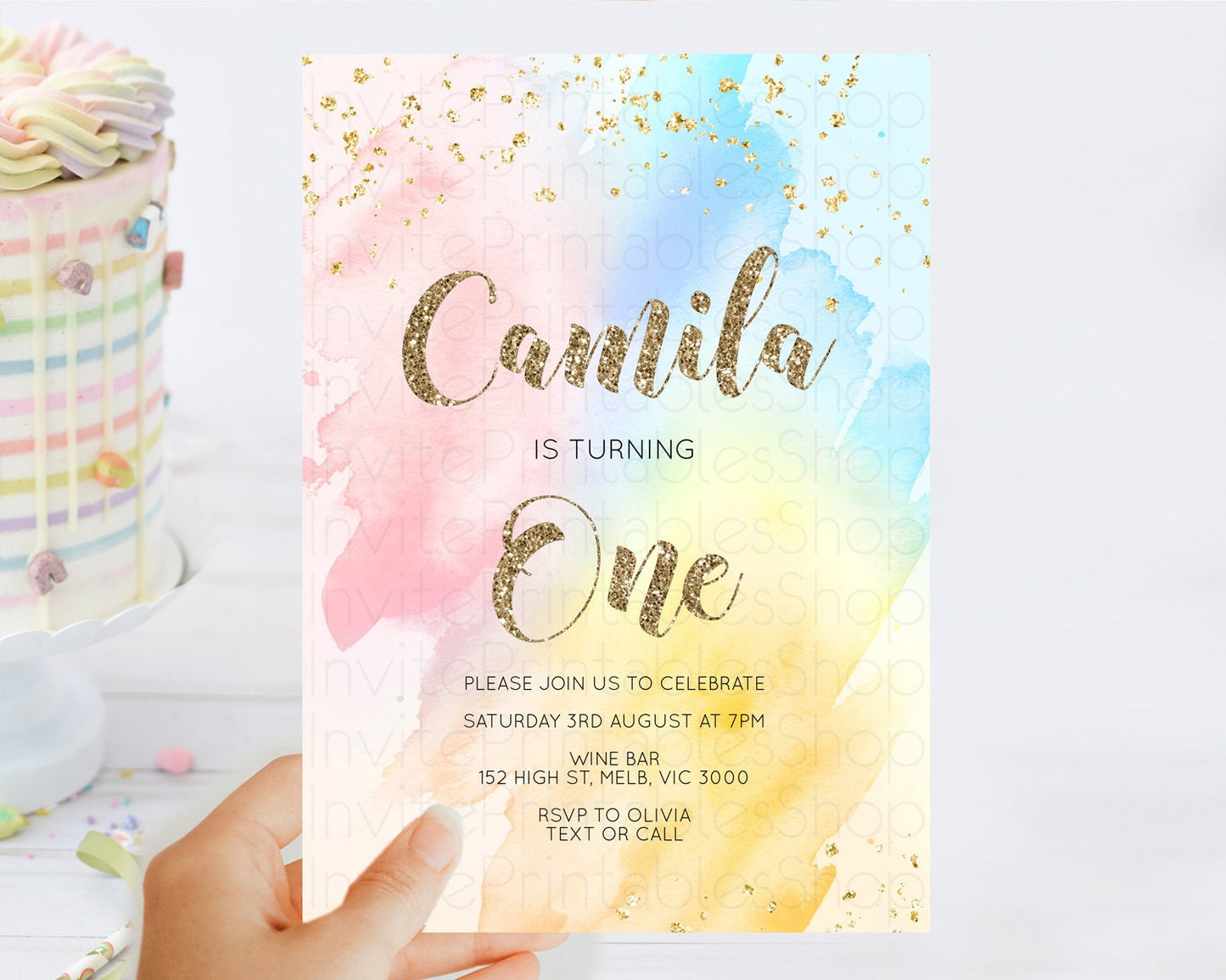 Rainbow Birthday Invitation Colorful Pastel Watercolor Invitation Gold Glitter Sprinkles Ombre Pastel 1st 2nd 3rd Birthday D10556