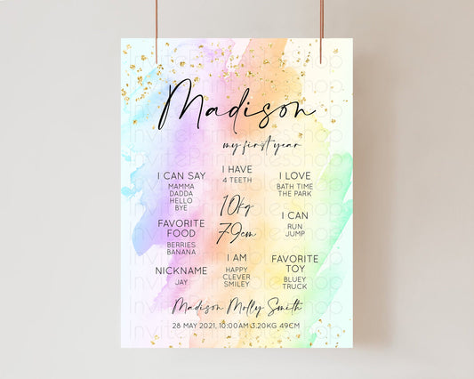 Pastel First Birthday Milestone Board Pastel Rainbow Milestone Poster Watercolor Glitter One Year Poster Colorful Splash Baby 1st Year