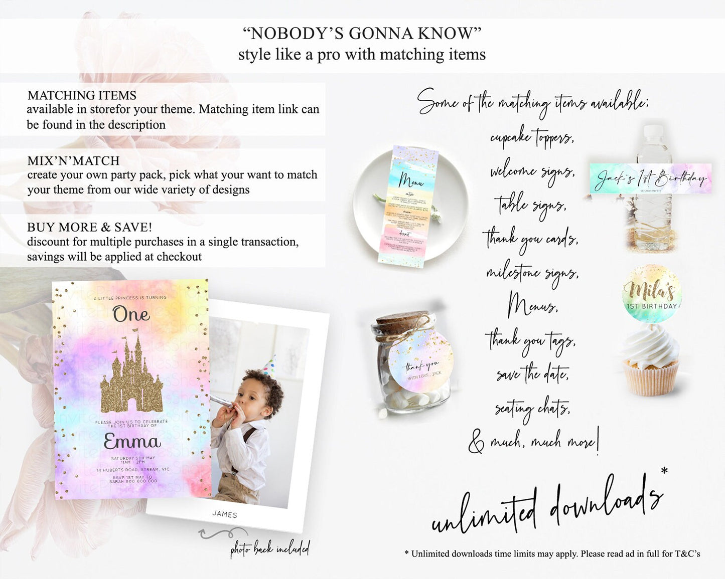 Princess Birthday Invitation Princess Invitation Pastel Invitation Royal Birthday Rainbow Color Enchanted Castle 1st First Birthday D10148