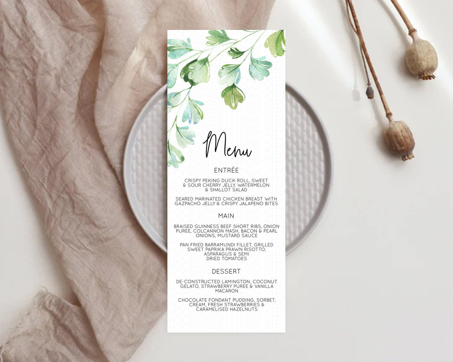 Leafy Menu Green Leaf Menu Template Eucalyptus Fern Leaves Decor Watercolor Boho Garden Leaf Branch Dinner Dessert Party Food Menu D11057