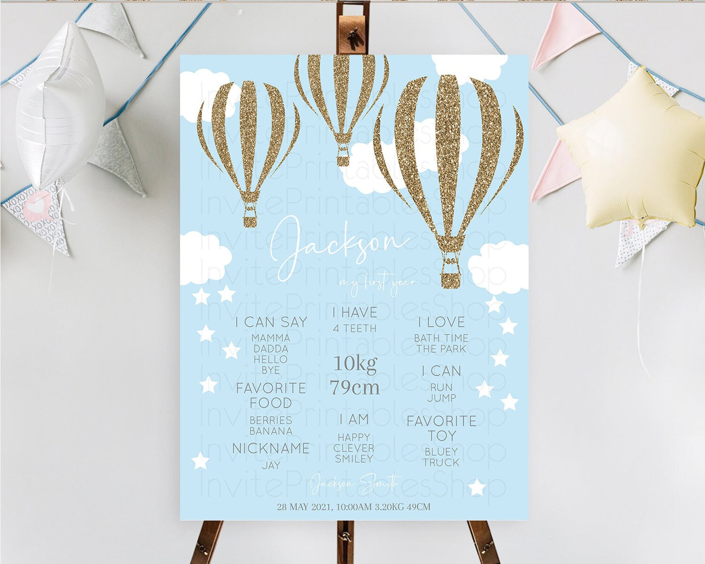 Hot Air Balloon First Birthday Milestone Poster Hot Air Balloon Milestone Board Adventure Awaits Blue Watercolor 1st Birthday Boy D10332