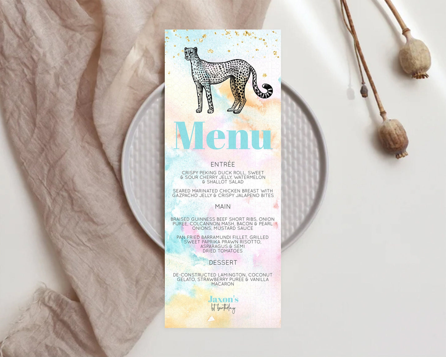 Pastel Cheetah Menu Rainbow Cheetah Menu Template Colorful Rainbow Table Decor Pastel Dinner Dessert Menu Cheetah Party Food Menu D10289