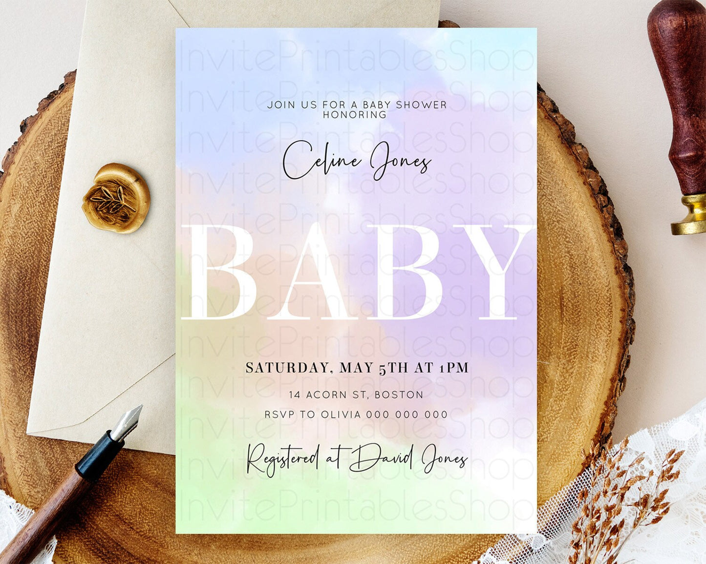 Pastel Baby Shower Invitation Rainbow Baby Shower Invitation Colorful Pastel Watercolor Invitation Gold Glitter Sprinkles Ombre D10371