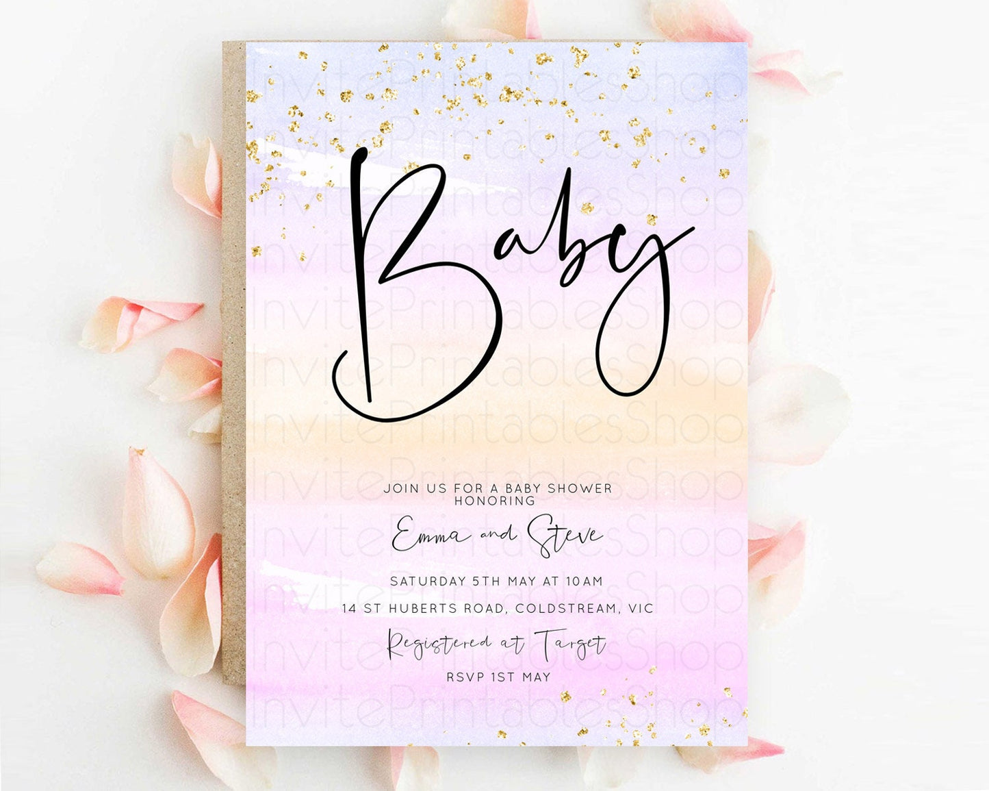 Pastel Baby Shower Invitation Rainbow Baby Shower Invitation Colorful Pastel Watercolor Invitation Gold Glitter Sprinkles Ombre D10594