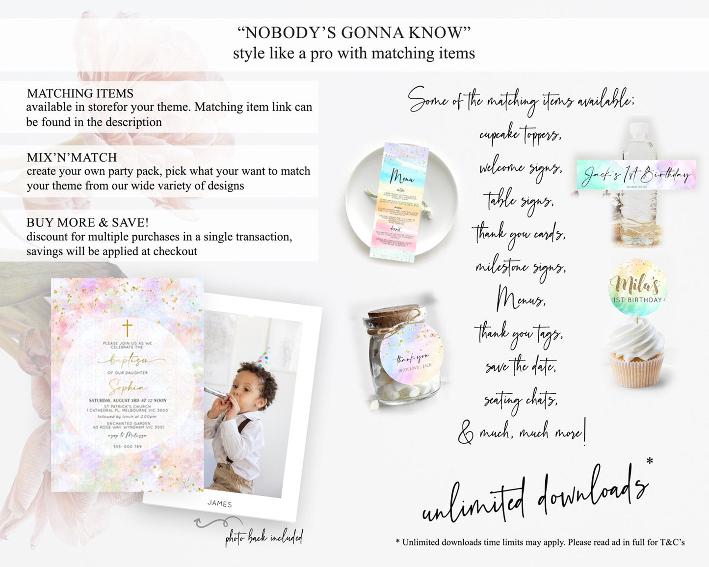 Pastel Baptism Invitation Pastel Colors Watercolor Baptism 1st Birthday Party Gold Ombre Pastel Rainbow Christening Holy Communion D10649