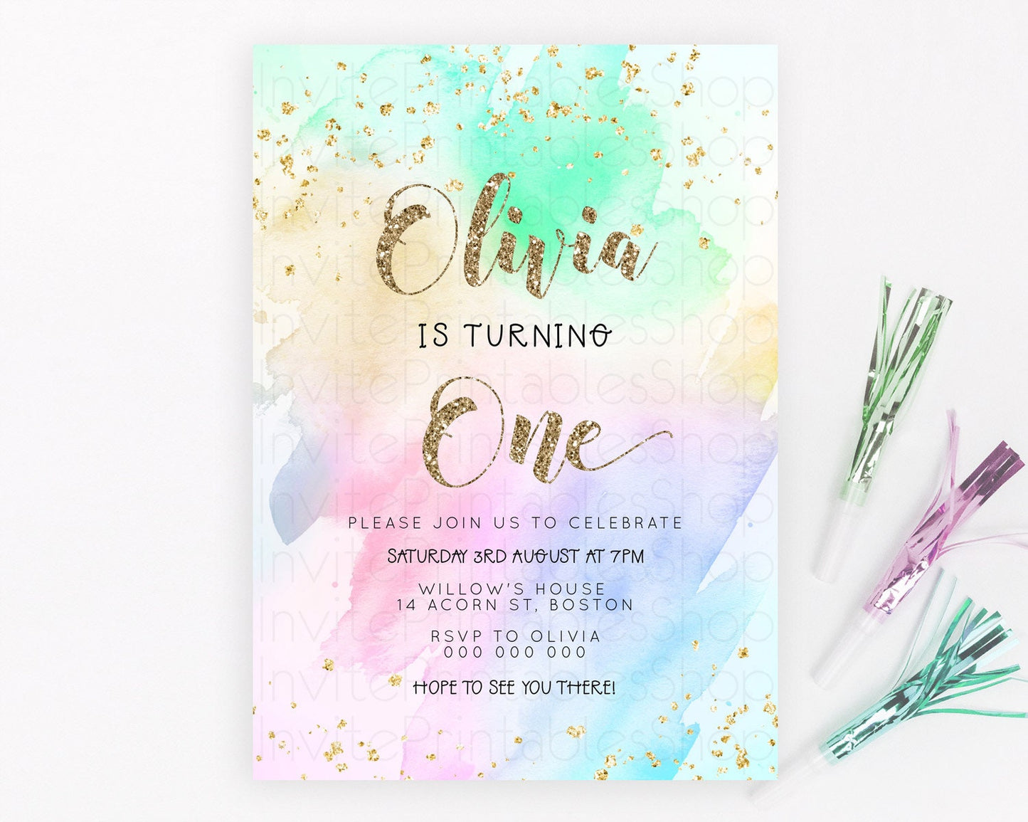 Rainbow Birthday Invitation Colorful Pastel Watercolor Invitation Gold Glitter Sprinkles Ombre Pastel 1st 2nd 3rd Birthday D23306