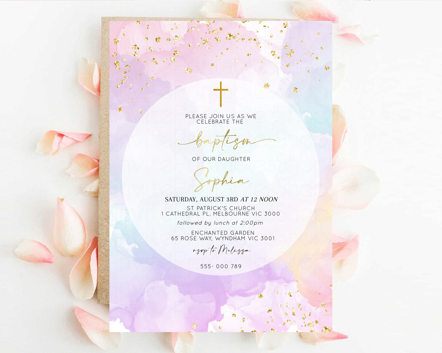 Rainbow Baptism Invitation Pastel Christening Invitation Holy Communion Invitation Glitter Watercolor Splash Invitation Colorful 599v1