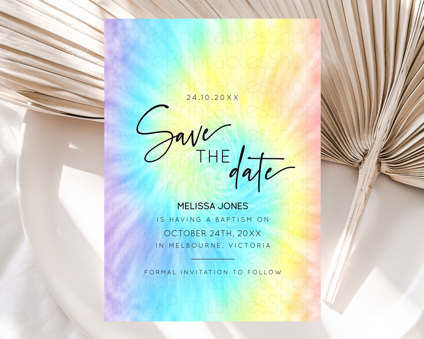 Editable Tie Dye Save The Date Template Rainbow Pastel Ombre Watercolor Part