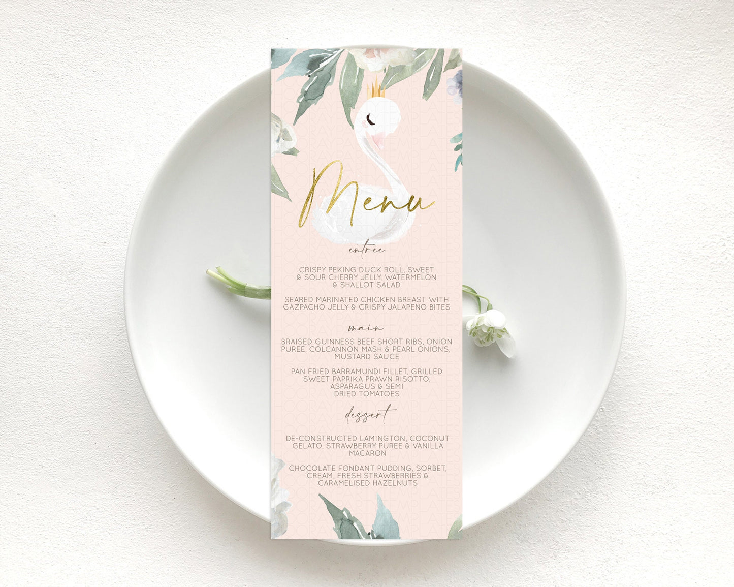 Swan Menu Swan Princess Ballet Menu Template Enchanted Swan Lake Table Decor Secret Garden Pastel Floral Dinner Dessert Food Menu  D10115