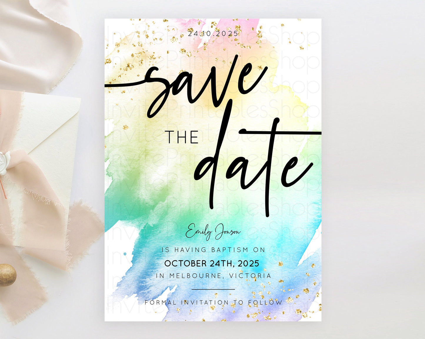 Editable Pastel Save The Date Template Pastel Ombre Rainbow Watercolor Color