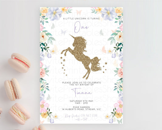 Editable Unicorn Garden Birthday Invitation Pastel Floral Birthday Invitatio