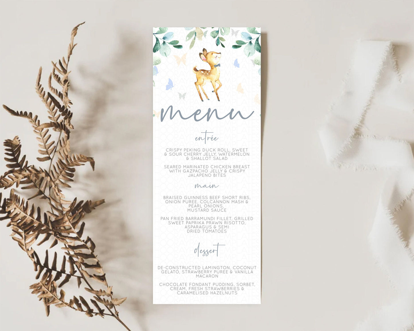 Fawn Menu Deer Menu Template Pastel Floral Deer Table Decor Enchanted Forest Butterfly Floral Dinner Dessert Menu Party Food Menu D10767