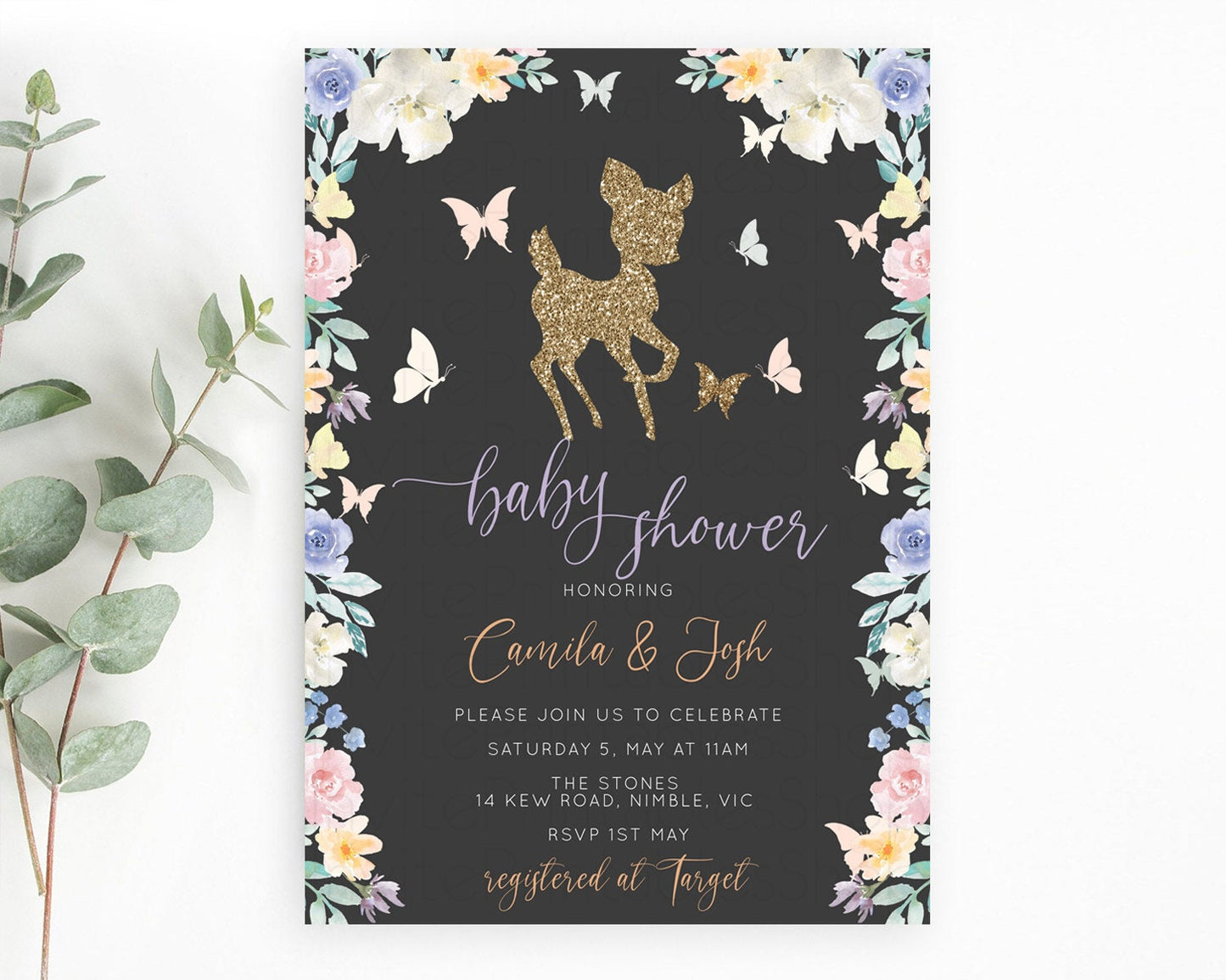 Fawn Baby Shower Invitation Deer Baby Shower Invites Enchanted Forest Theme Butterfly Pastel Flowers Whimsical Baby Shower D10323