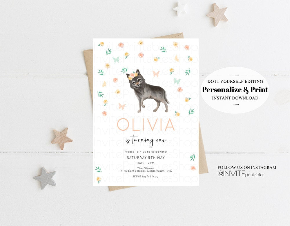 Wolf Invitation Wolf Birthday Invite Grey Baby Wolf Tribal Boho Pink Pastel Flower Crown Confetti Floral Garden Custom Invite