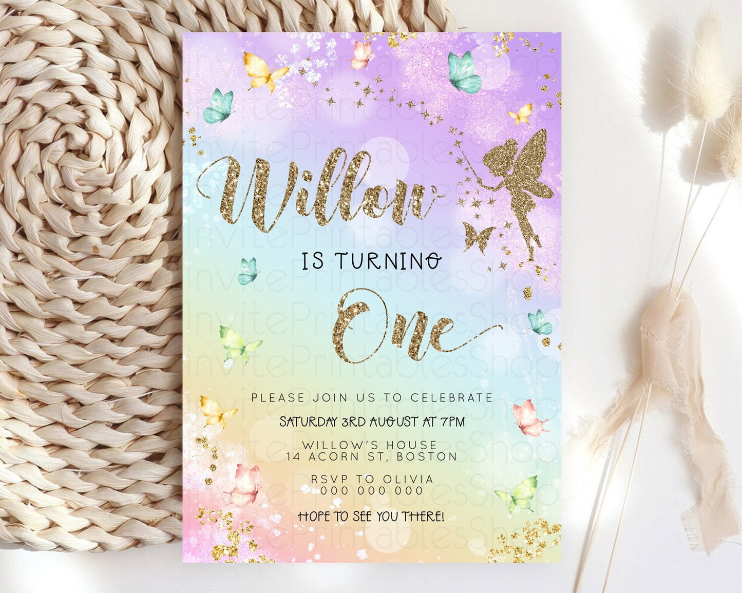 Pastel Fairy Birthday Invitation Pastel Butterflies Fairy Birthday Invitation Rainbow Ombre Watercolor 1st 2nd Birthday Invitation D23161