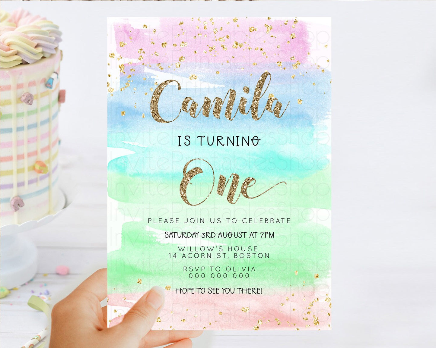 Editable Rainbow Birthday Invitation Colorful Pastel Watercolor Invitation G