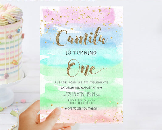 Editable Rainbow Birthday Invitation Colorful Pastel Watercolor Invitation G