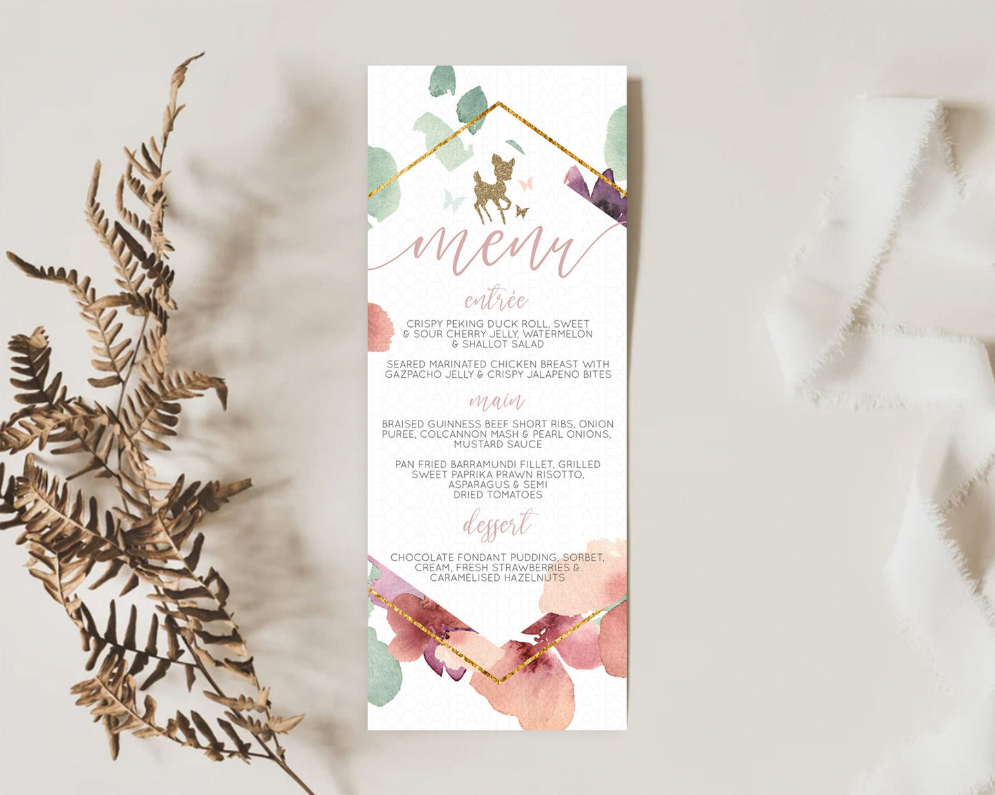 Fawn Menu Deer Menu Template Pastel Floral Deer Table Decor Enchanted Forest Butterfly Floral Dinner Dessert Menu Party Food Menu D10459