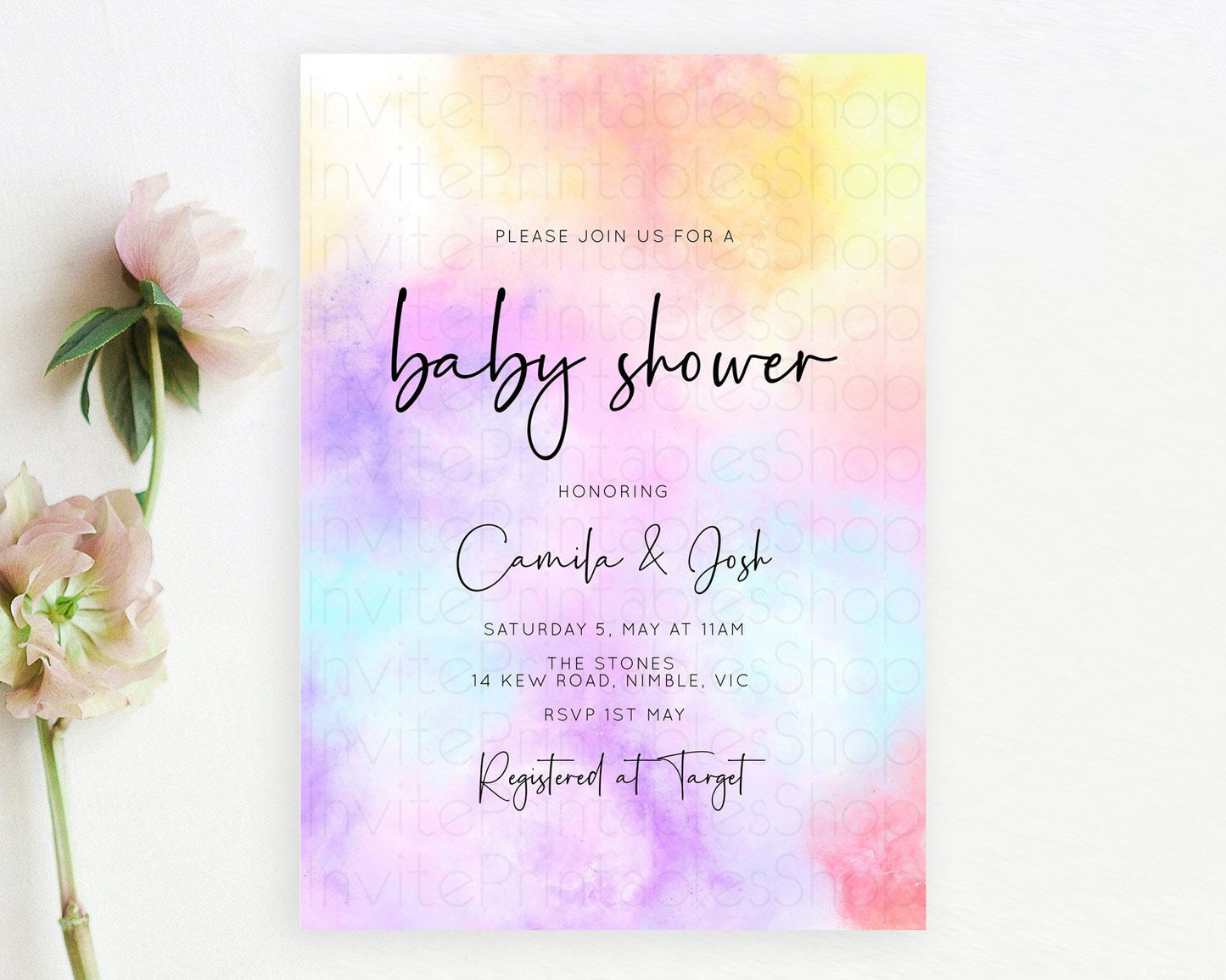 Pastel Baby Shower Invitation Rainbow Baby Shower Invitation Colorful Pastel Watercolor Invitation Gold Glitter Sprinkles Ombre D10438
