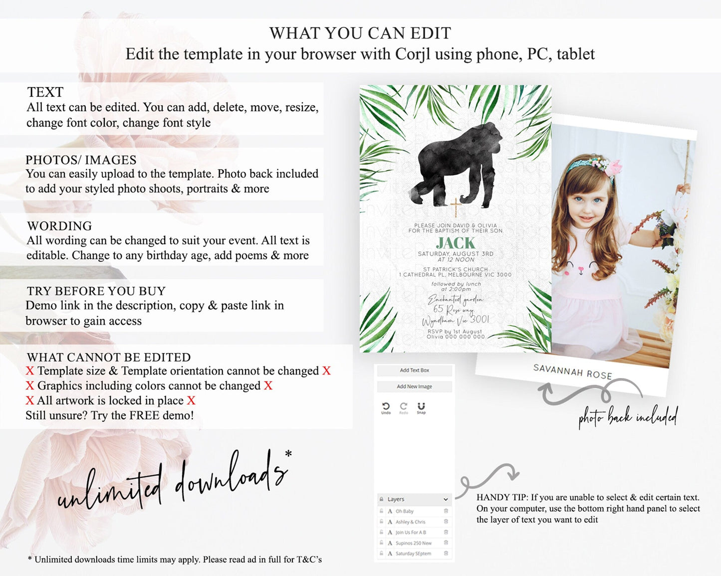 Gorilla Baptism Invitation Gorilla Baptism 1st Birthday Invitation Gorilla Jungle Adventure Christening Invitation Wild Zoo Theme D10840