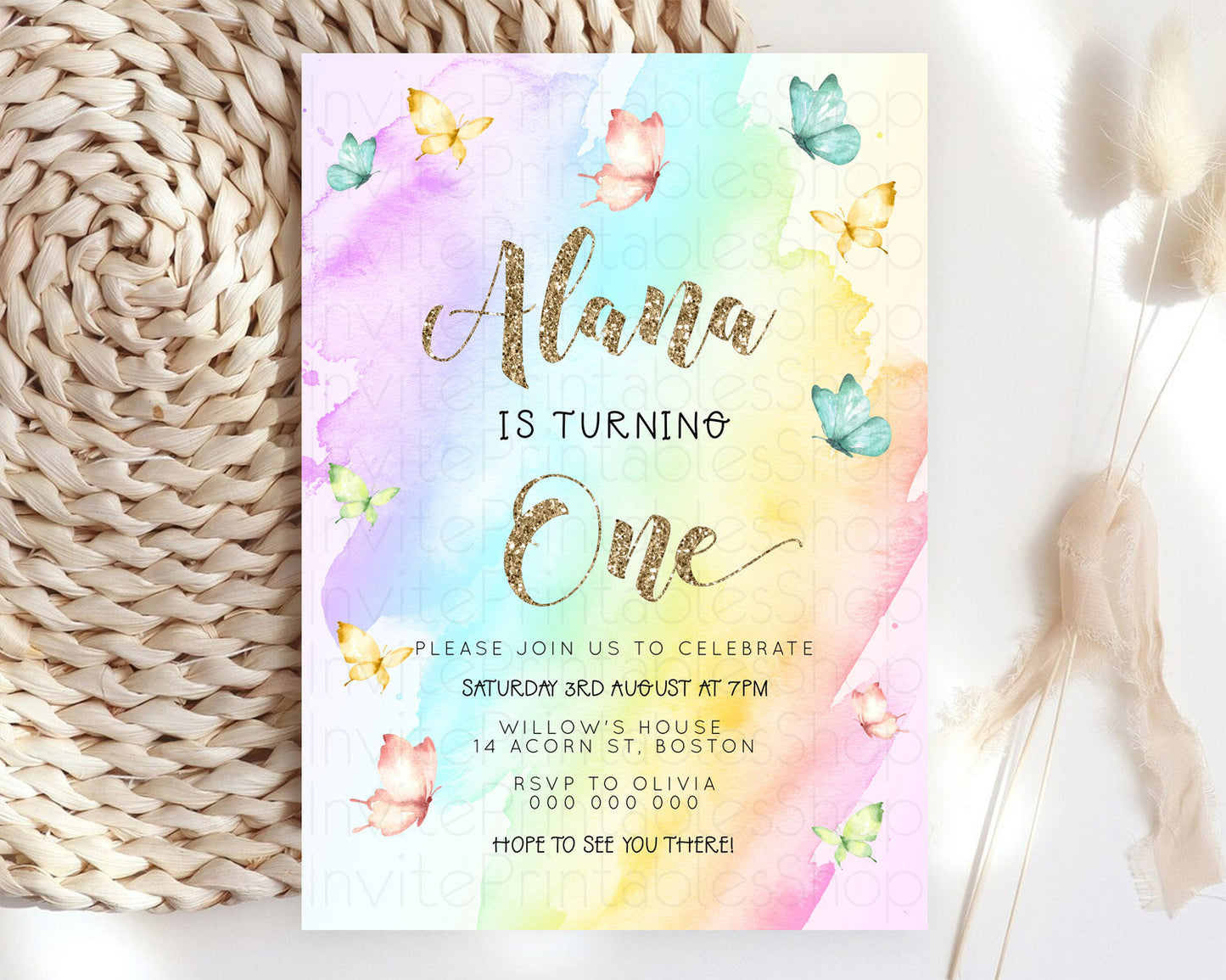 Pastel Butterfly Birthday Invitation Butterfly Birthday Invitation Colorful Splash Glitter Butterfly Garden 1st 2nd Birthday D23239