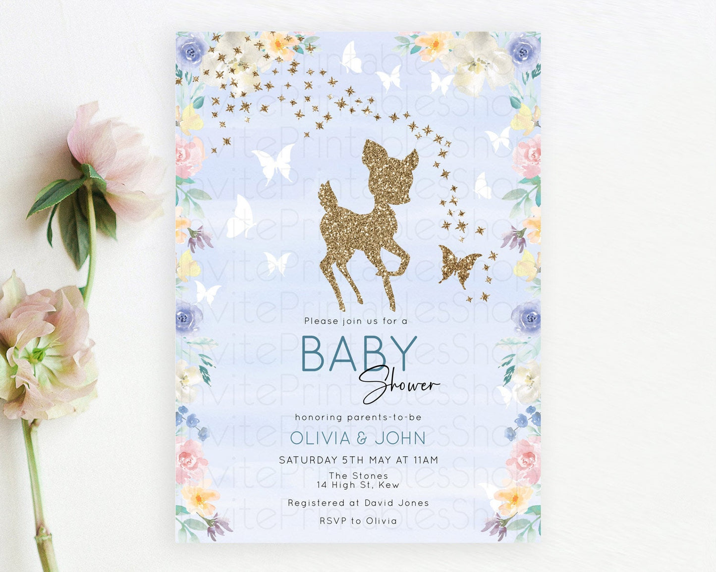 Deer Baby Shower Invitation, Enchanted Forest, Secret Garden, Butterfly, Whimsical Pastel Flowers - Blue Watercolor, Pink, Yellow D10879