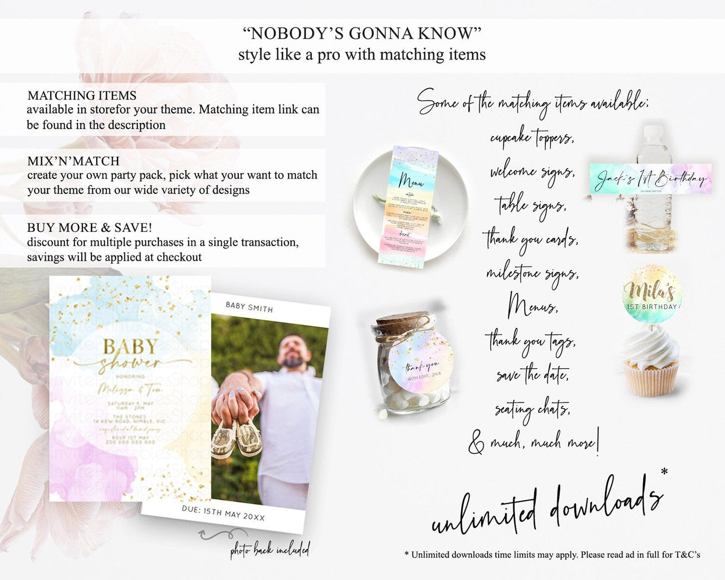 Pastel Rainbow Baby Shower Invitation, Colorful Watercolor with Gold Glitter Sprinkles - Pink, Blue, Yellow Cloud Theme Gender Reveal D10204