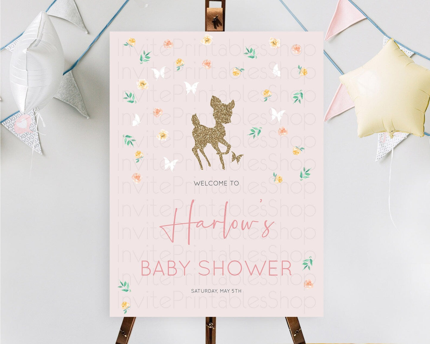 Fawn Baby Shower Welcome Sign Deer Welcome Board Floral Deer Welcome Poster Enchanted Forest Butterfly Pastel Floral Welcome Sign D10386