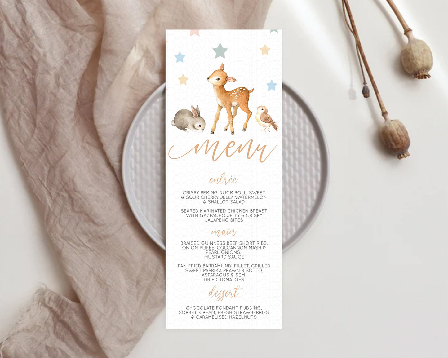 Fawn Menu Deer Menu Template Pastel Floral Deer Table Decor Enchanted Forest Butterfly Floral Dinner Dessert Menu Party Food Menu D10918