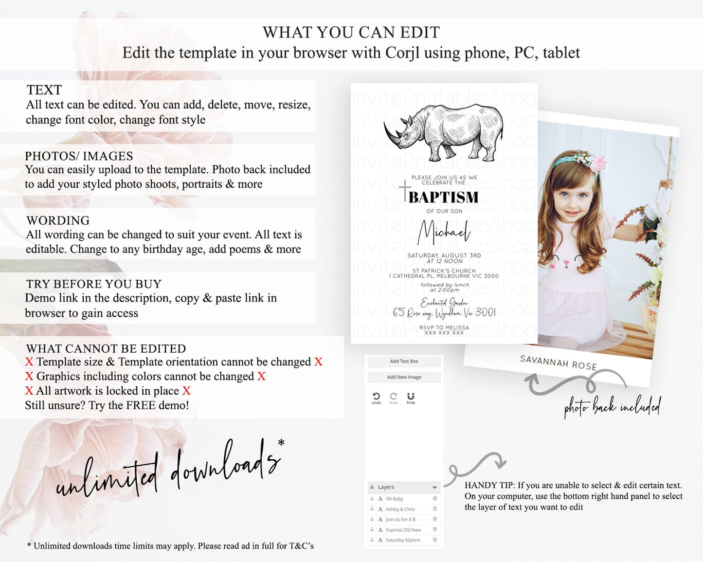 Rhino Baptism Invitation Rhino Baptism 1st Birthday Invitation Rhino Safari Adventure Christening Invitation Palm Leaf Invite Zoo D10253