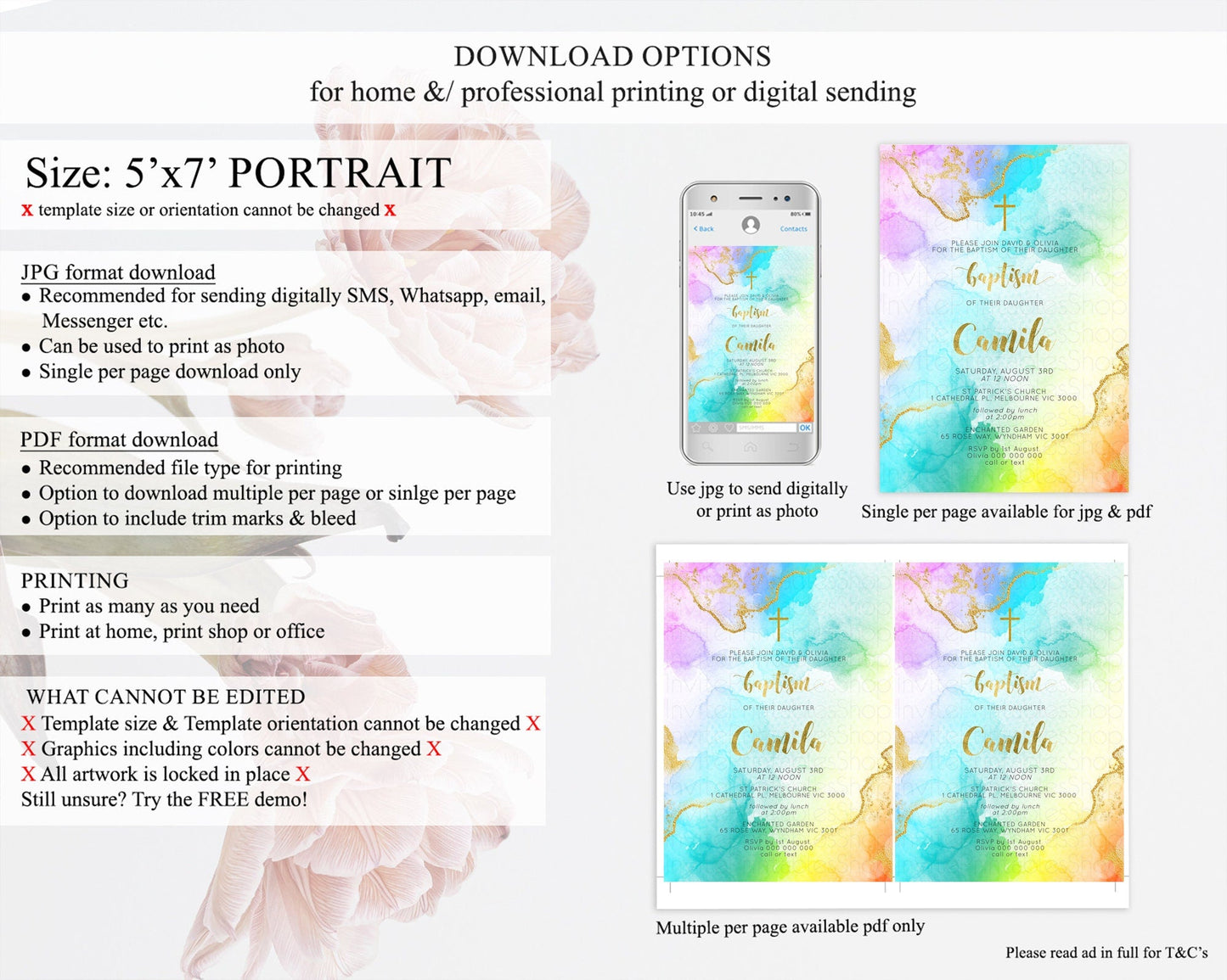 Pastel Baptism Invitation Pastel Colors Watercolor Baptism 1st Birthday Party Gold Ombre Pastel Rainbow Christening Holy Communion D10392
