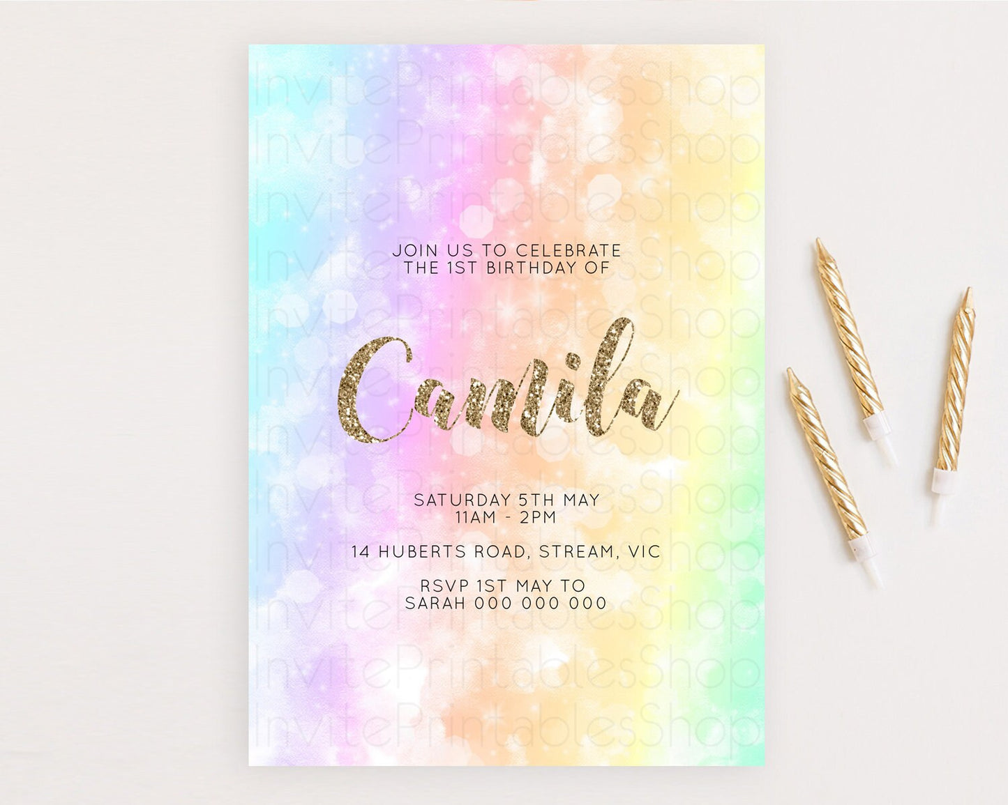 Rainbow Birthday Invitation Colorful Pastel Watercolor Invitation Gold Glitter Sprinkles Ombre Pastel 1st 2nd 3rd Birthday D10648