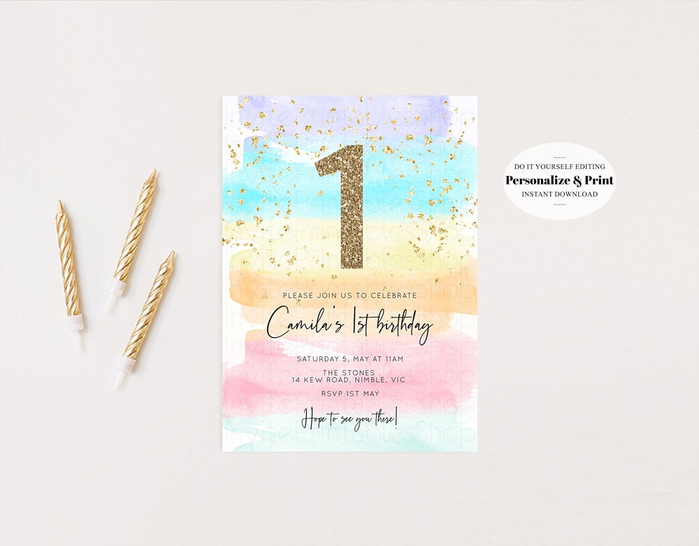 Rainbow Birthday Invitation Pastel Birthday Invitation Colorful Watercolor Invite Ombre Pastel Invitation Gold Glitter Sprinkles Invite t525