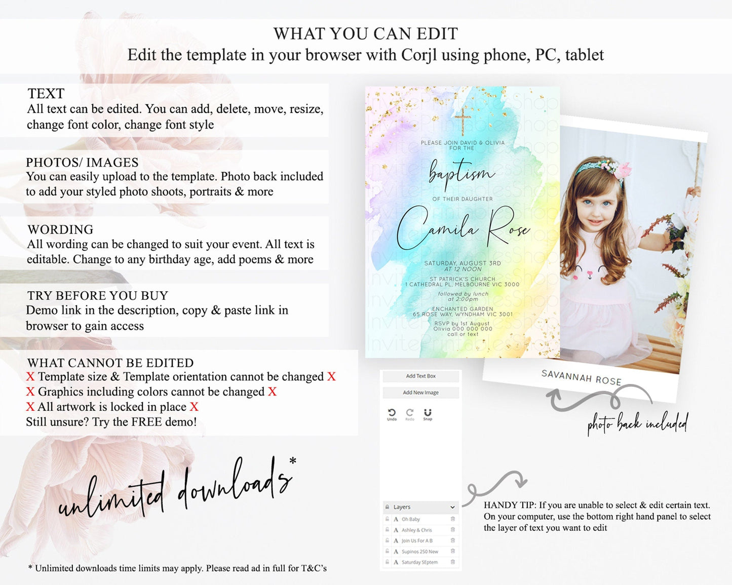 Pastel Baptism Invitation Pastel Colors Watercolor Baptism 1st Birthday Party Gold Ombre Pastel Rainbow Christening Holy Communion D10773
