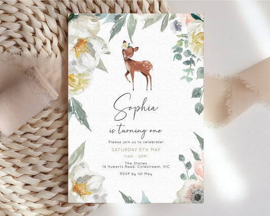 Deer Birthday Invite Baby Deer Invite Deer Invite Forest Friends Invite Pastel Floral Invite Glitter Invite White Floral Garden Invite 112