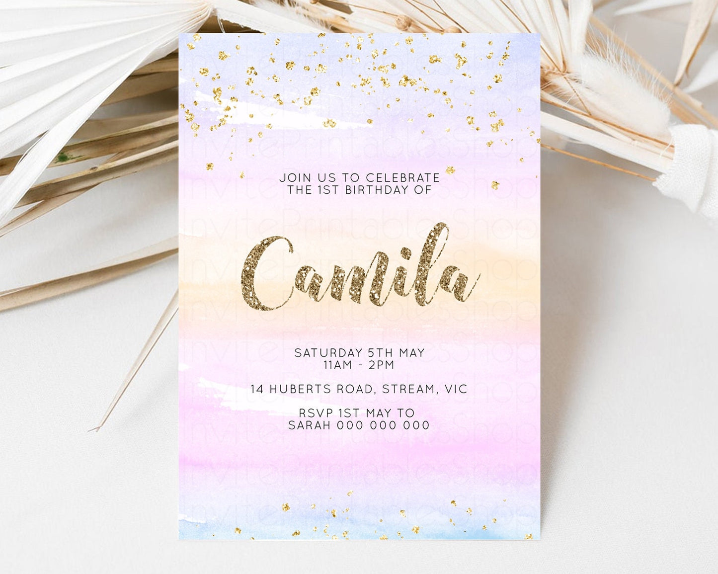 Pastel Birthday Invite Colorful Birthday Invitation Orange Purple Watercolor Invite Pastel Pink Ombre Invite Glitter Invite 1st 2nd 3rd P581