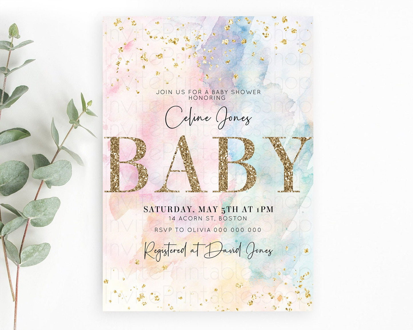 Pastel Baby Shower Invitation Rainbow Baby Shower Invitation Colorful Pastel Watercolor Invitation Gold Glitter Sprinkles Ombre D10263