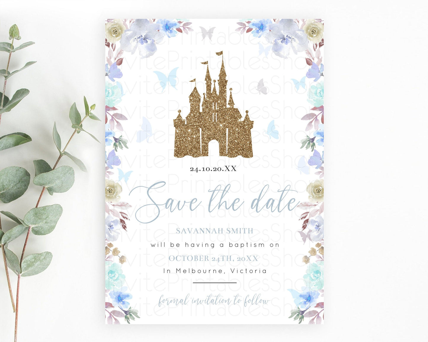 Princess Save The Date Template Secret Garden Enchanted Castle Pastel Floral Royal Party For 1st Birthday Baptism Baby Shower D10932