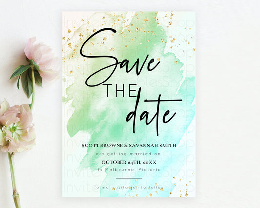 Green Watercolor Save The Date Template Ombre Green Watercolor Splash Party 1st Birthday Baby Shower Wedding Baptism Bridal Shower D10170